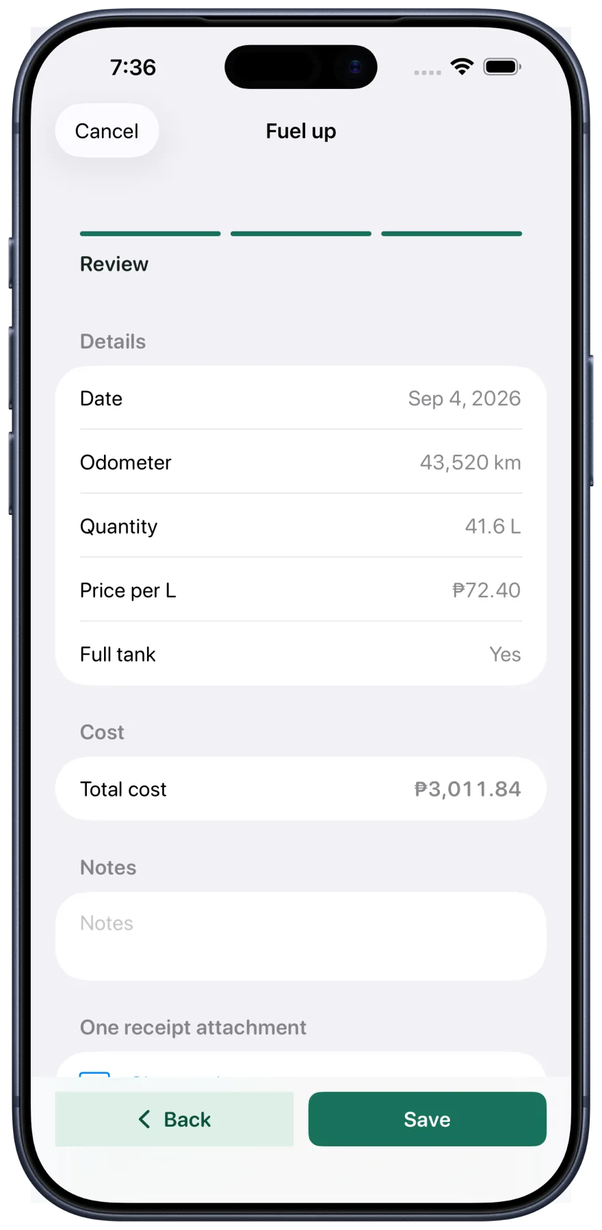 Fillo fuel-up entry form in an Apple iPhone frame, with odometer, quantity, unit price, and total cost fields.