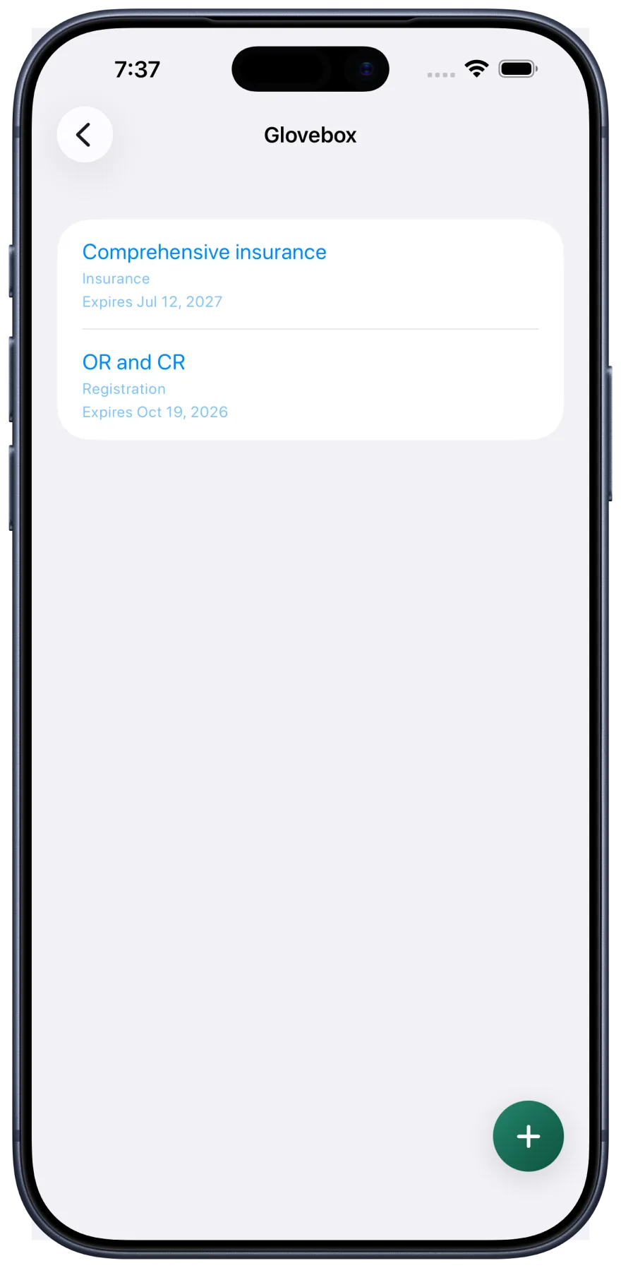 Fillo Glovebox screen in an Apple iPhone frame, listing vehicle documents such as registration and insurance with renewal dates.