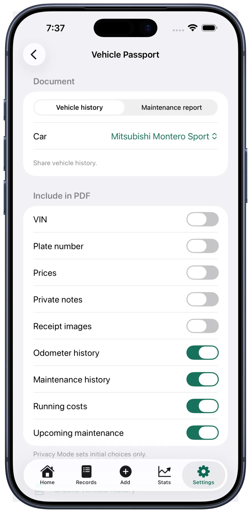 Fillo Vehicle Passport screen in an Apple iPhone frame, summarizing a car’s ownership history.